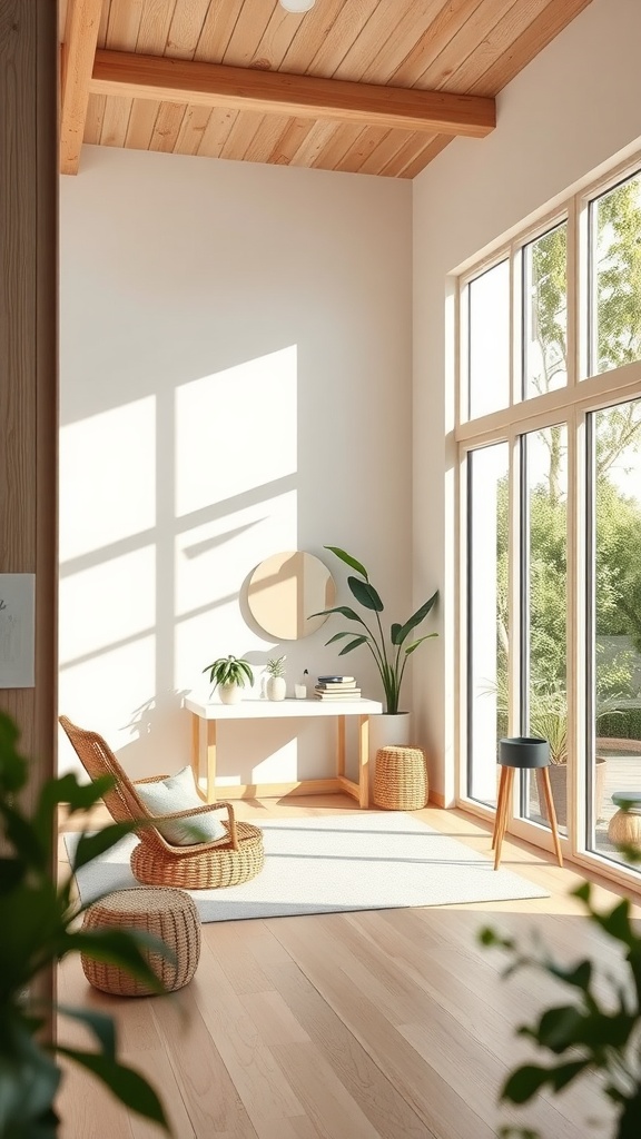 A minimalist home office with large windows, natural light, and simple decor.