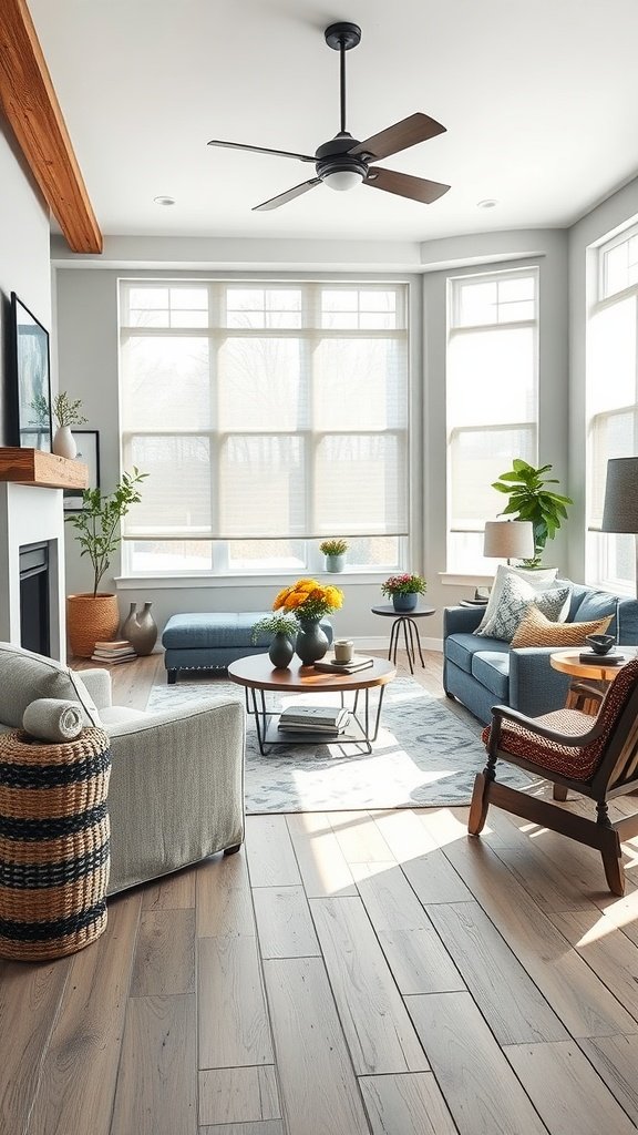A grey modern farmhouse living room with soft grey furniture, a wooden ceiling, and plants, creating a cozy and inviting atmosphere.