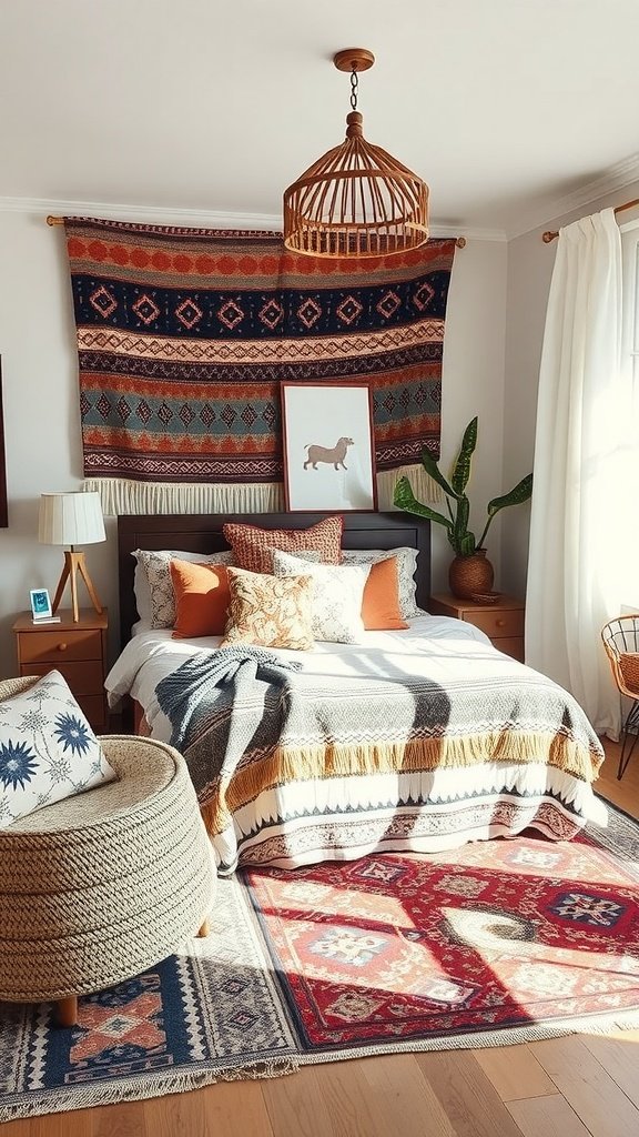A cozy Boho bedroom featuring a patterned blanket, colorful pillows, and a woven wall hanging.