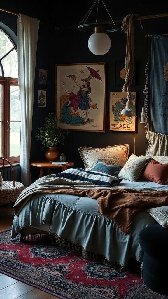 A dark bohemian bedroom with eclectic decor, featuring a mix of art, textiles, and furniture.