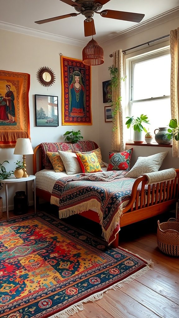 A cozy bedroom featuring a mix of Boho and Mid-Century Modern decor, with colorful textiles, wall art, and plants.