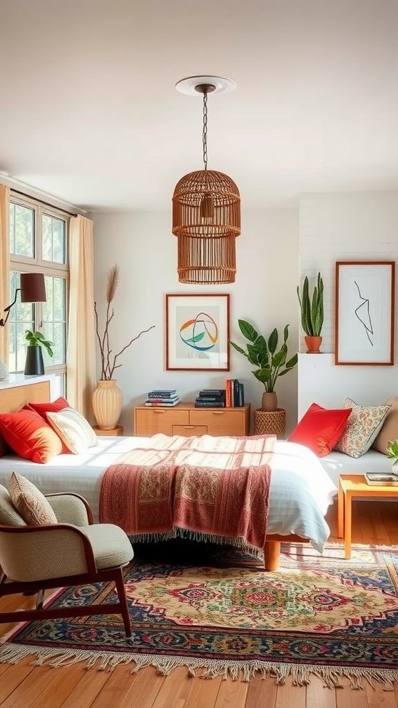 A stylish bedroom featuring a mix of neutral tones and colorful accents, including red pillows and a patterned rug, embodying Boho Mid-Century Modern design.