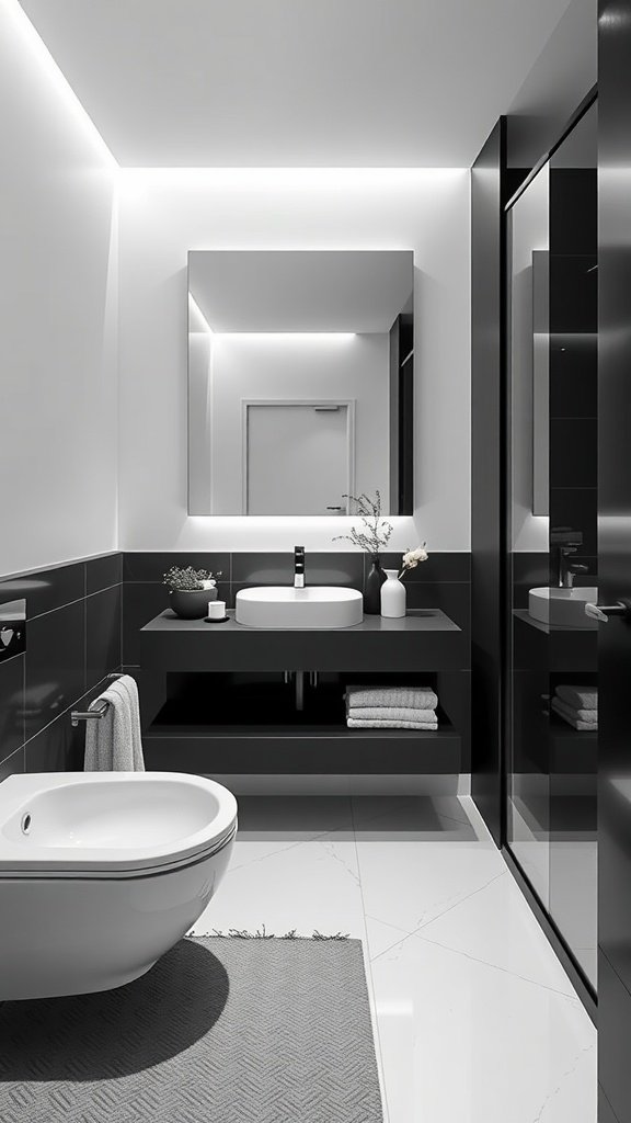 A modern black and white bathroom featuring a floating sink, stylish accessories, and clever use of space.