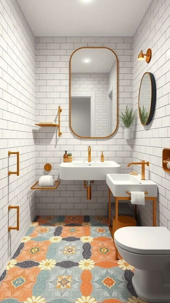 Modern bathroom with multicolored cement tiles and brass accents, featuring white subway tiles and two mirrors.