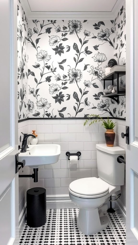 A very small modern bathroom featuring black and white floral wallpaper, a compact white sink, and toilet, with geometric flooring and a small plant for decoration.