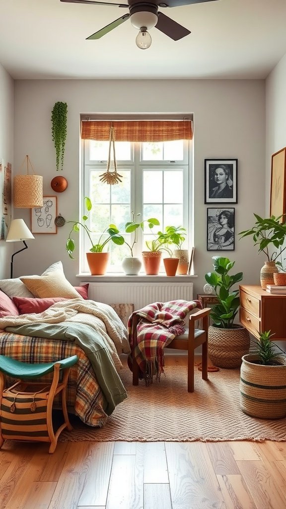 A cozy modern bohemian bedroom featuring a bed with textured blankets, a window with plants, and wooden furniture.