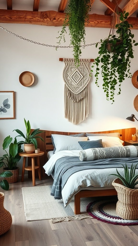A cozy modern boho bedroom featuring a wooden bed, soft bedding, plants, and macramé wall art.
