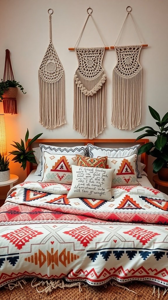 A modern boho bedroom featuring a bed with geometric patterned bedding, accent pillows, and macramé wall art.