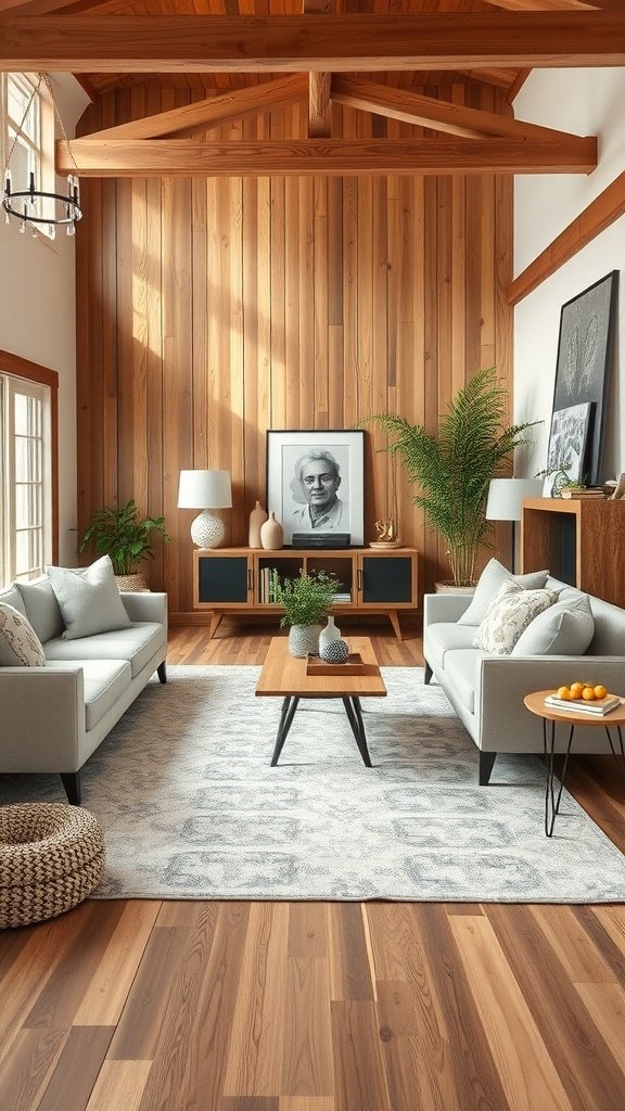 A modern country living room with wooden walls, gray sofas, and a cozy atmosphere.