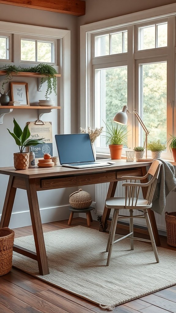 Cozy modern farmhouse home office with a wooden desk, laptop, and plants.