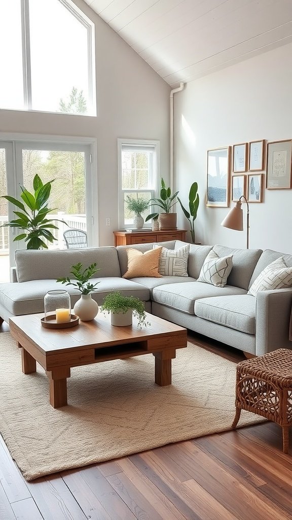 A modern farmhouse living room featuring a light grey sectional couch, a wooden coffee table, and large windows allowing natural light.