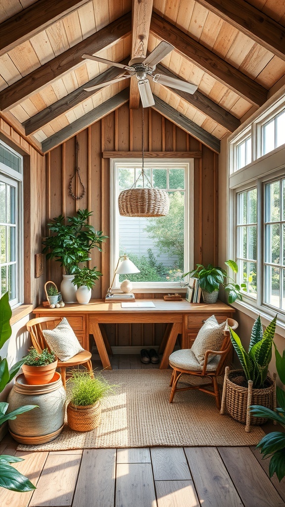 A modern farmhouse-style office with wooden walls, a desk, and plants.