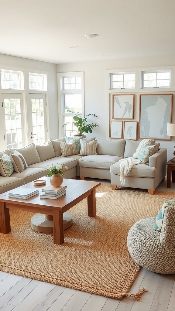 A modern farmhouse living room with a cozy sectional, wooden coffee table, and large windows.
