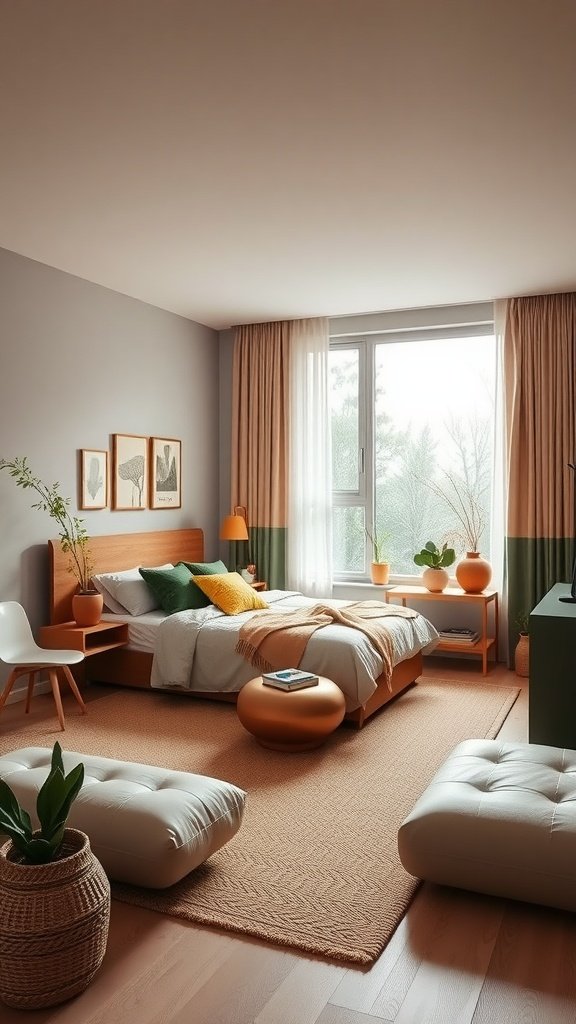 A minimalist bedroom featuring green and terracotta colors, with soft textures and natural light.