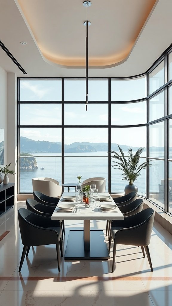 A modern Italian dining room with large windows overlooking a serene water view, featuring a stylish table and chairs.