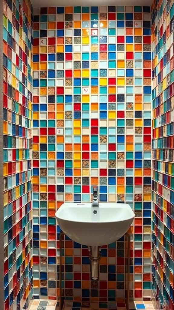 A very small bathroom featuring colorful modern mosaic tiles on the walls with a wall-mounted sink.