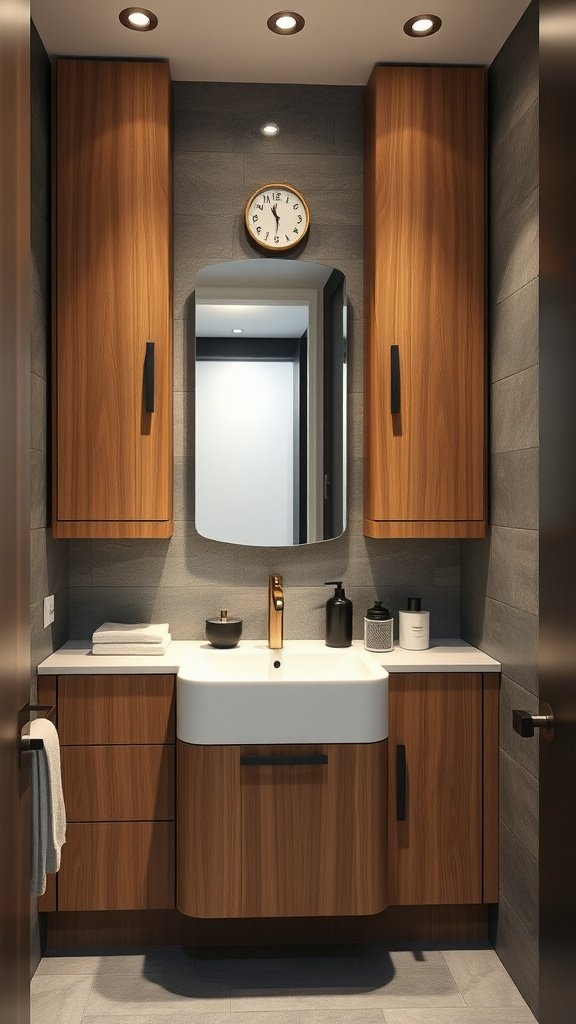 Modern powder room with oak cabinets, stone-tile walls, and stylish fixtures