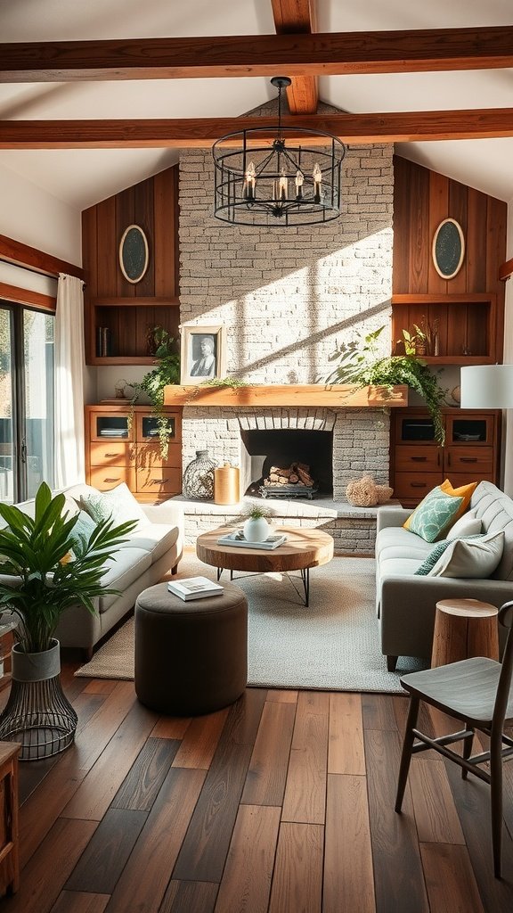 Cozy modern rustic living room with wooden beams, stone fireplace, and plants