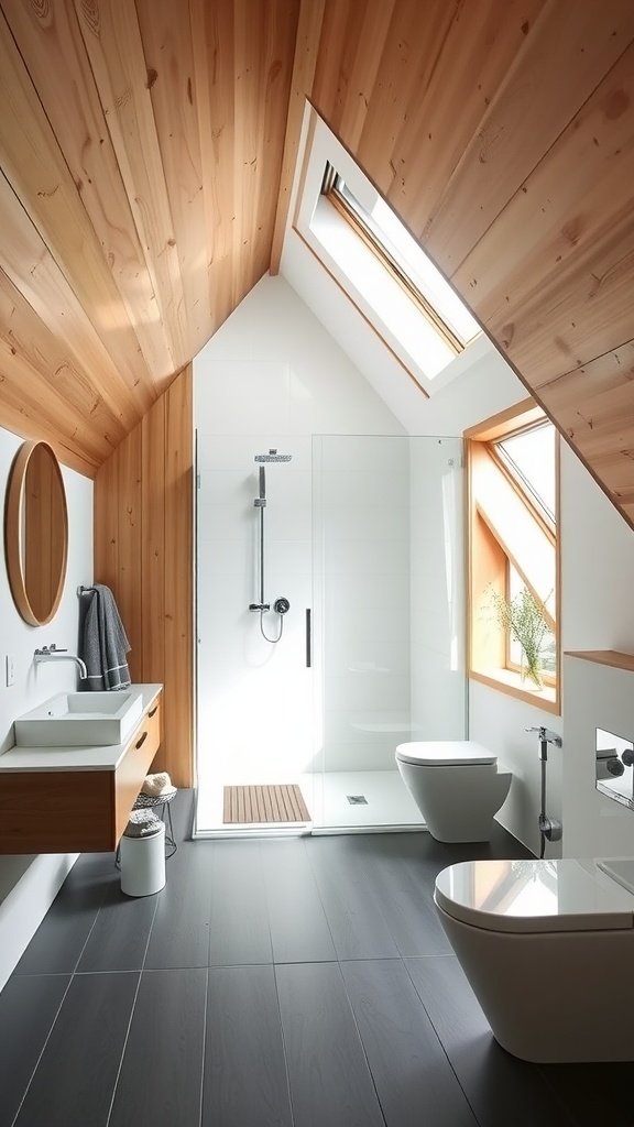 A modern Scandinavian attic bathroom featuring a walk-in shower, wooden ceiling, and sleek fixtures.