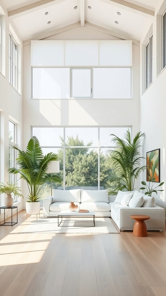 Bright living room with a modern white sofa, high ceilings, and large windows.