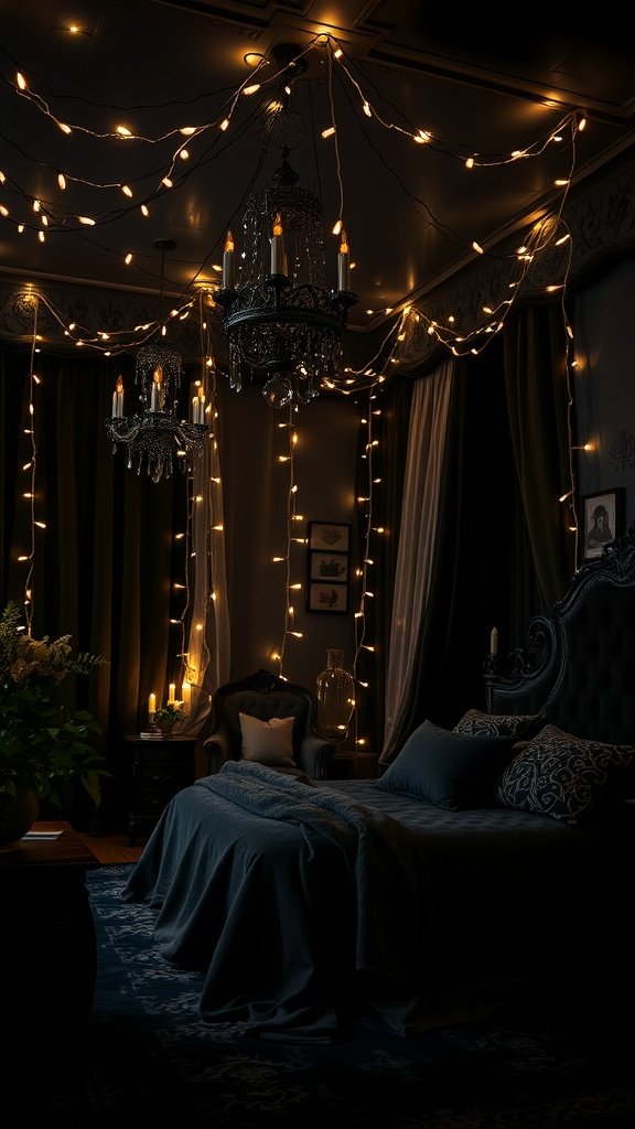 A moody bedroom featuring cascading fairy lights and an elegant chandelier, evoking a cozy goth vibe.
