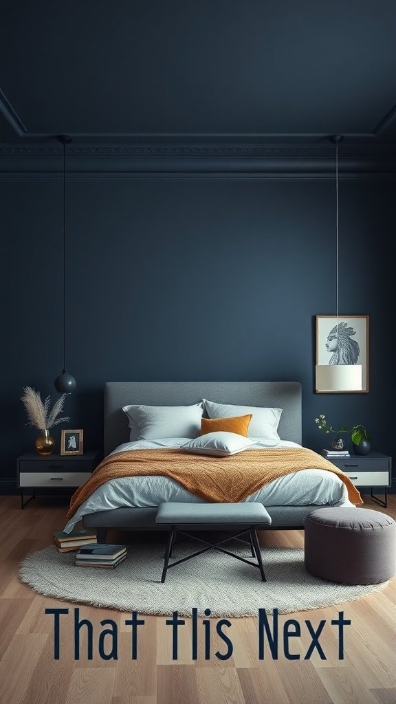 A stylish bedroom featuring moody blue walls, a textured gray bed, and warm accent colors for a cozy look.