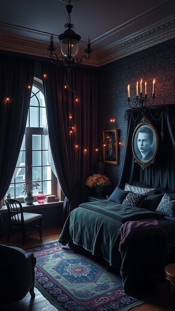A moody whimsical bedroom featuring dark curtains, a chandelier, string lights, and vintage decor.