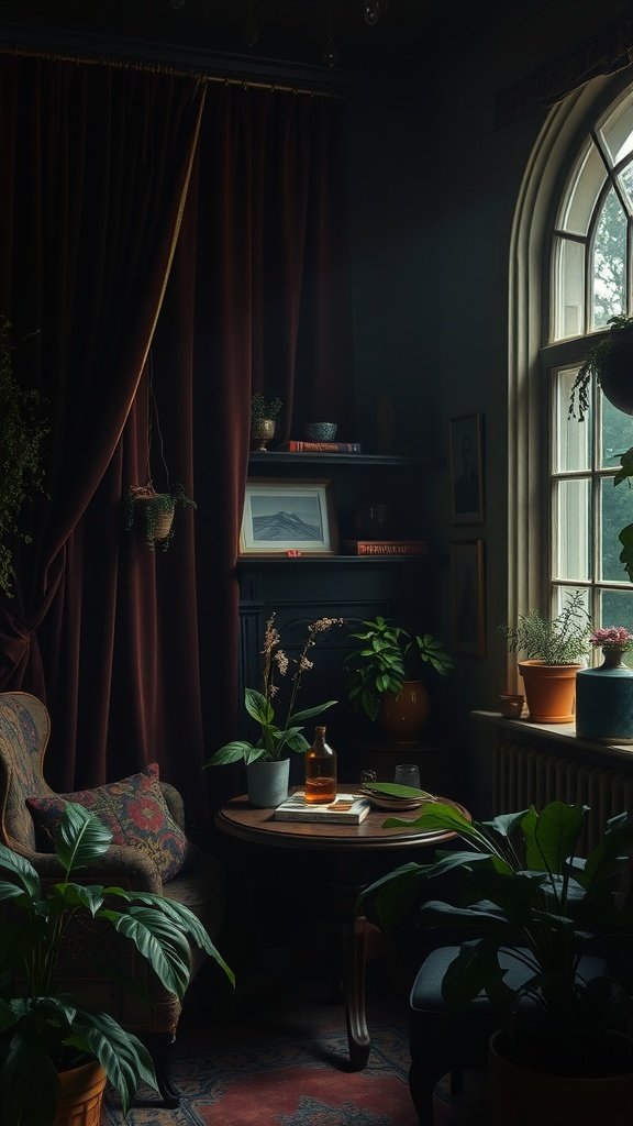 A cozy alcove with velvet curtains, plants, and a wooden table, illuminated by soft natural light.