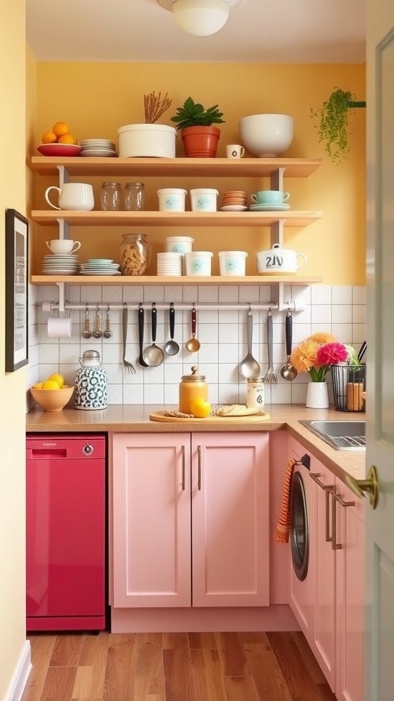 A stylish small kitchen with pink cabinets, open shelves, and colorful decor