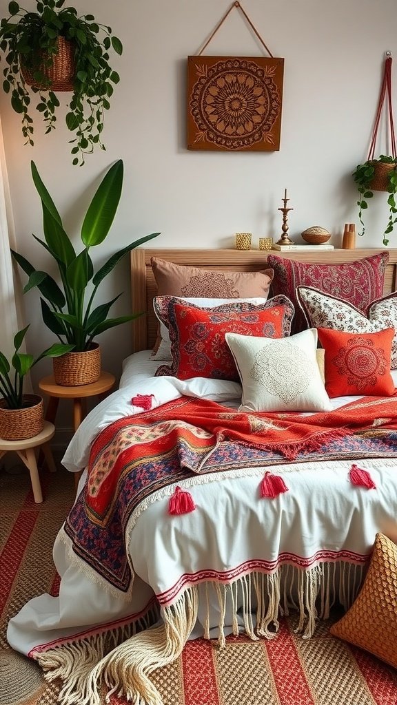 A Boho bedroom featuring Moroccan-inspired bedding with vibrant pillows and a cozy atmosphere.
