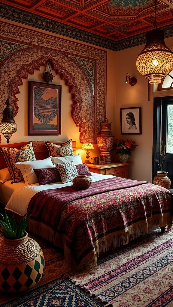 A luxurious Moroccan boho bedroom featuring intricate patterns, warm lighting, and inviting textiles