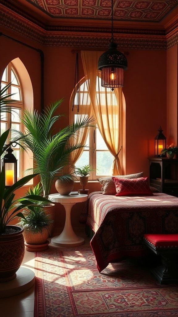 A cozy bedroom with warm colors, intricate patterns, and lush plants, designed for relaxation.