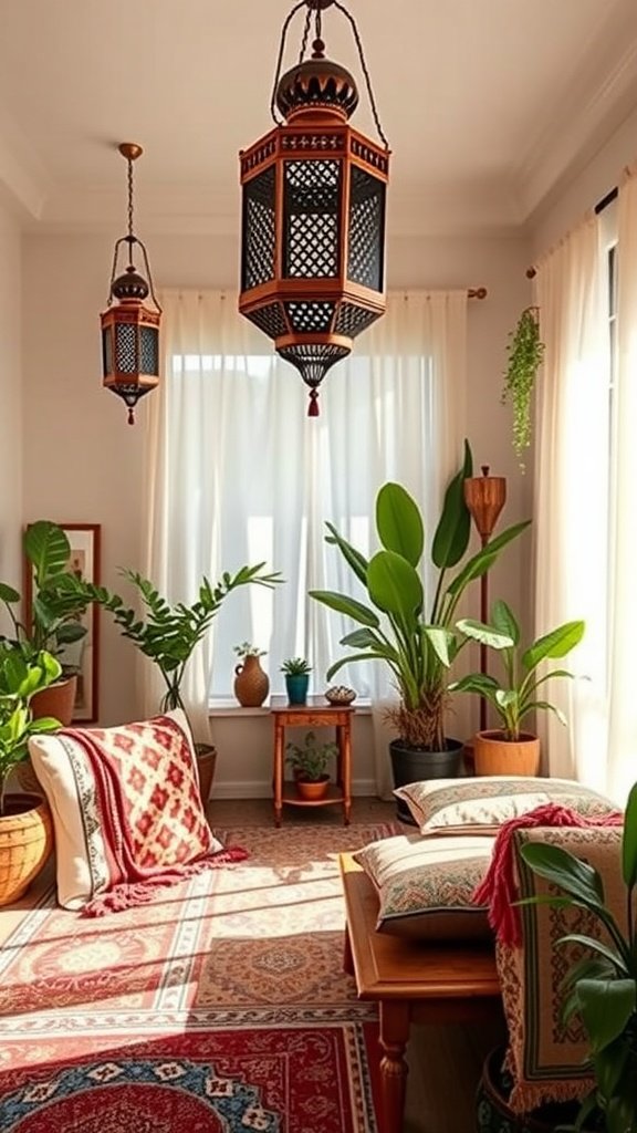 A cozy Moroccan-inspired room with lanterns, plants, and vibrant textiles.