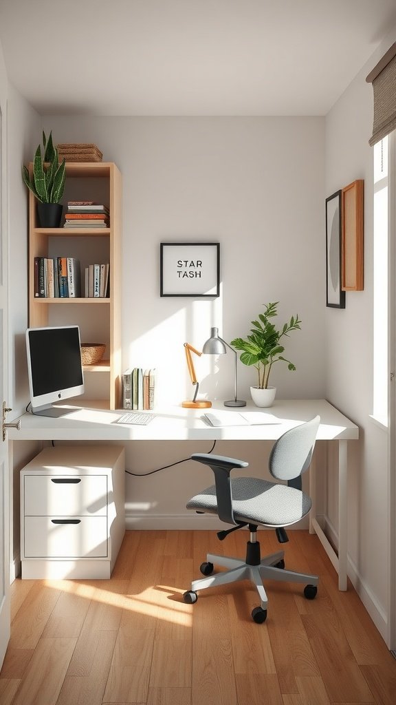 Small home office setup with a desk, chair, shelving, and plants, showcasing multi-purpose furniture.