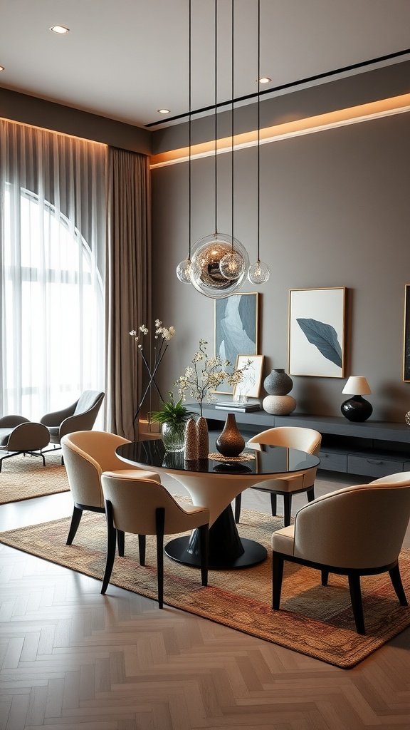 A luxurious Italian dining room featuring a round table surrounded by stylish chairs, with soft lighting and elegant decor.