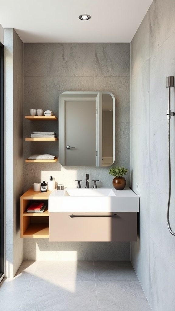 A modern small bathroom featuring a floating sink with open shelves and a mirror.
