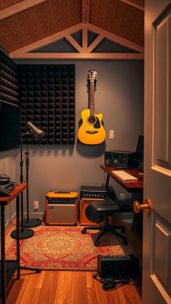 A cozy musician's studio in a she shed with an acoustic guitar, soundproof panels, a desk with speakers, and wooden accents.