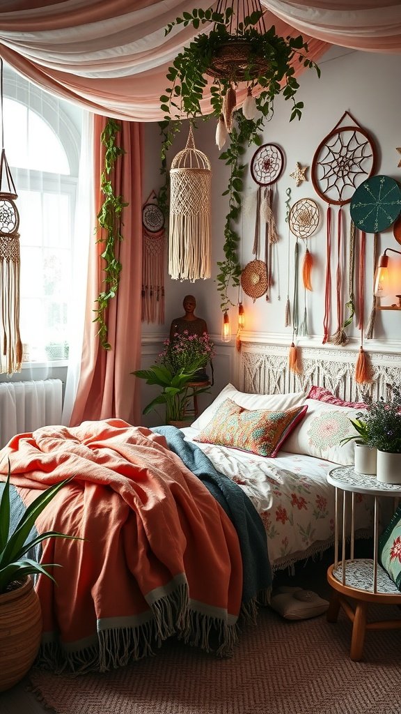 A cozy bohemian bedroom featuring draped fabric, plants, dreamcatchers, and warm colors.