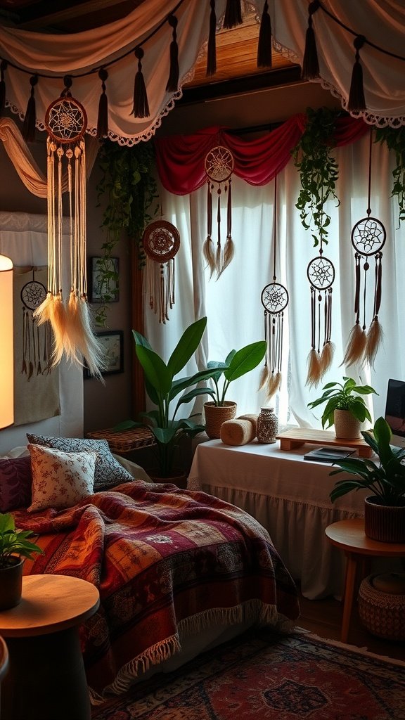 A cozy boho style bedroom with vibrant blankets, dreamcatchers, plants, and soft lighting.
