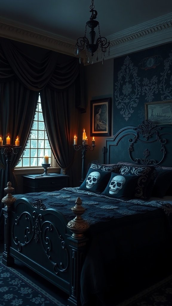 A Mystical Goth Bedroom with dark decor, skull pillows, and candlelight