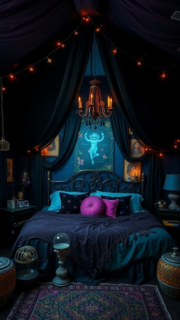 A mystical whimsical bedroom featuring dark walls, purple drapery, a chandelier, and vibrant pillows.