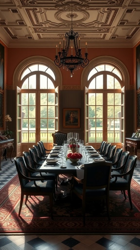 Luxurious Italian dining room with large windows and French doors, featuring an elegant chandelier and a long dining table.