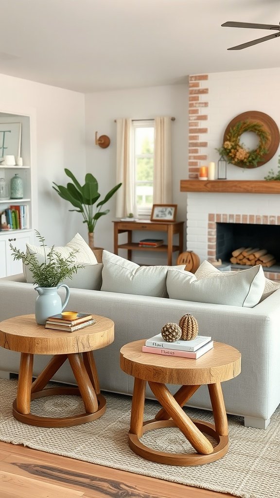 Natural wood side tables beside a light-colored sofa in a modern farmhouse living room.