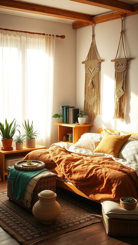 A cozy, nature-inspired boho bedroom with wooden beams, plants, and warm sunlight.