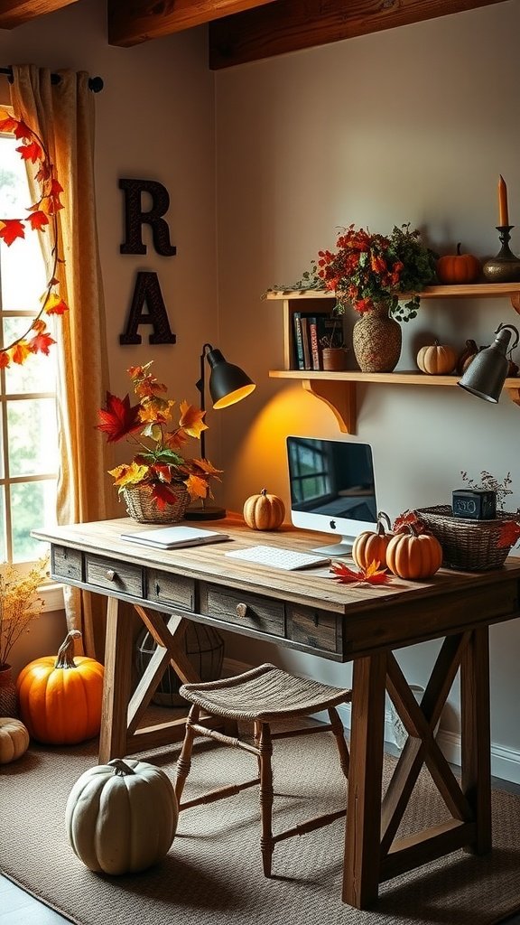 A cozy fall home office featuring a wooden desk with pumpkins and autumn leaves, illuminated by natural light.