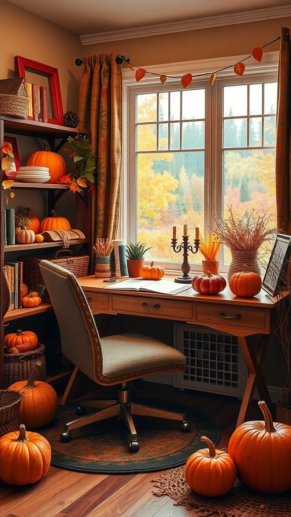 A cozy fall-themed home office featuring pumpkins, a wooden desk, and a window with autumn scenery.