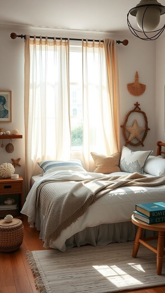 A cozy nautical-themed boho bedroom with soft curtains, textured bedding, and beach-inspired decor.