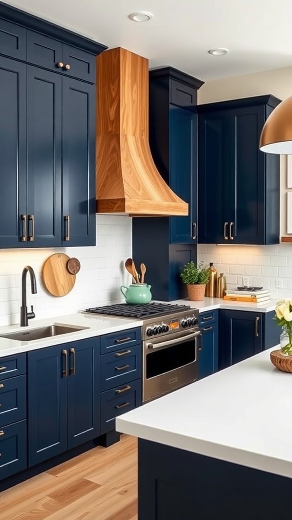 A stylish kitchen featuring navy blue cabinets, wooden accents, and white countertops.