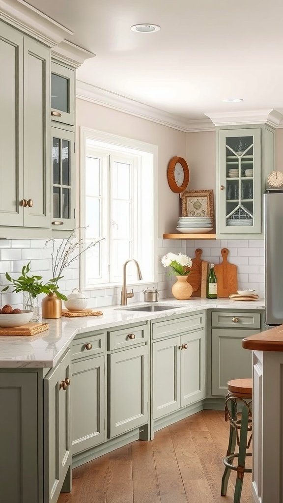 A kitchen featuring sage green cabinets, neutral walls, and wooden accents.