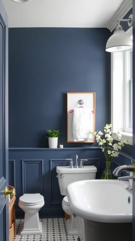 A stylish bathroom featuring New Providence Navy paint on the walls, white fixtures, and decorative accents